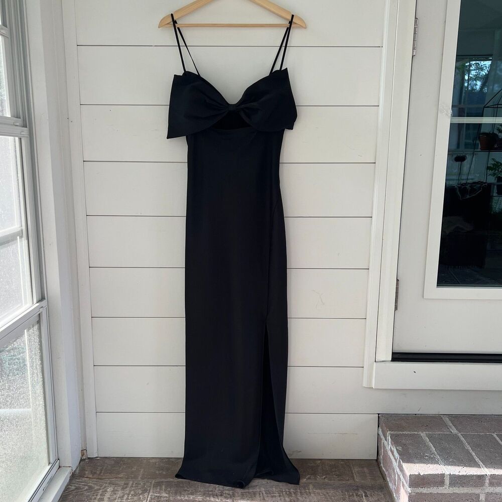 ASTR the Label Bow Sleeveless Satin Maxi with Leg Slit Dress Women's Medium